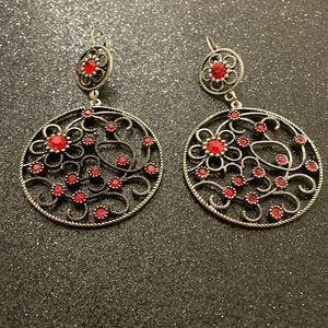 New Statement Pierced Earrings Red and Silver Tone